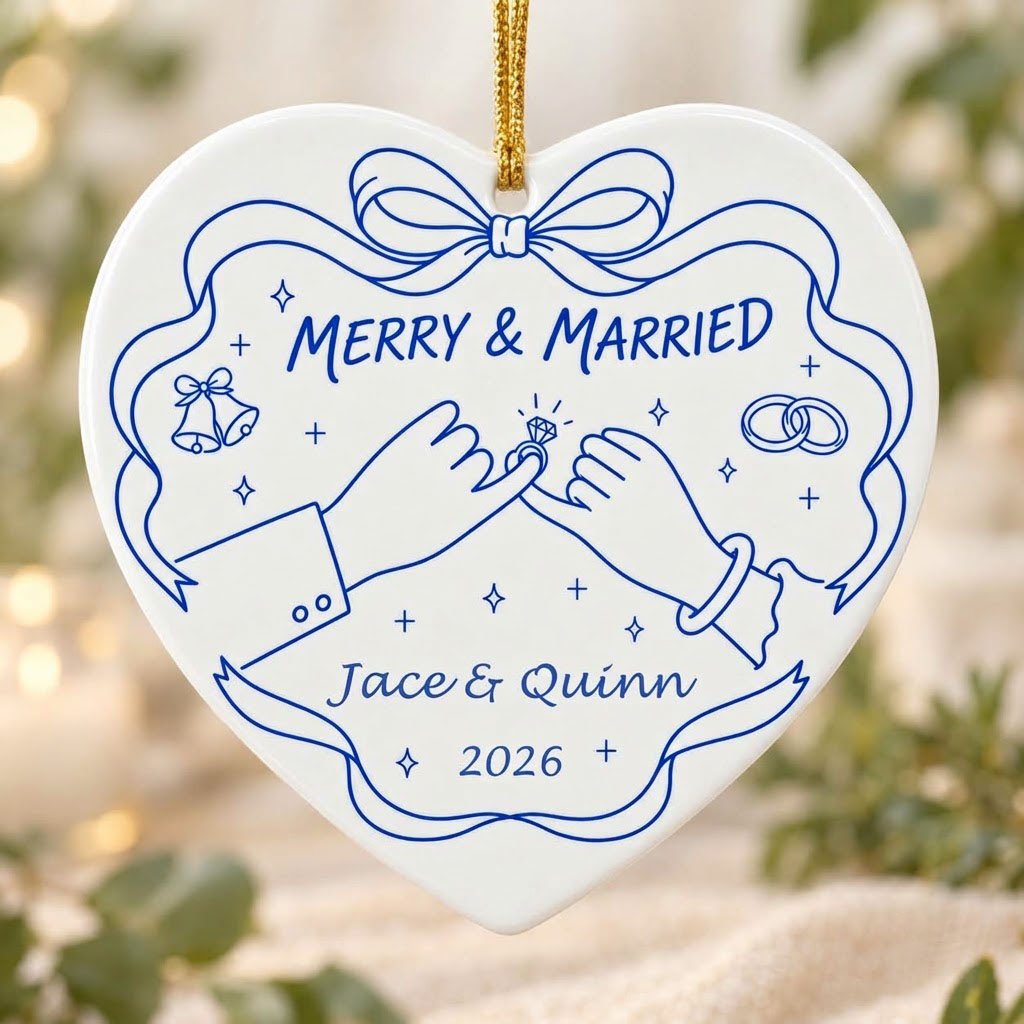 White heart ceramic ornament with blue line art: pinky promise hands, bells, rings, and MERRY & MARRIED text.