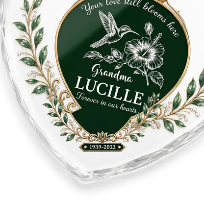 Personalized Hummingbird Memorial Your Love Still Blooms Here Emerald Heart Glass Ornament