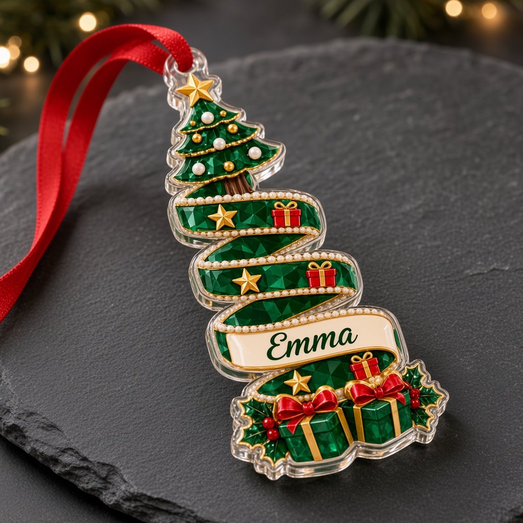 Custom-cut acrylic ornament showing a reindeer or Santa head wrapped in a name banner with holly and candies.