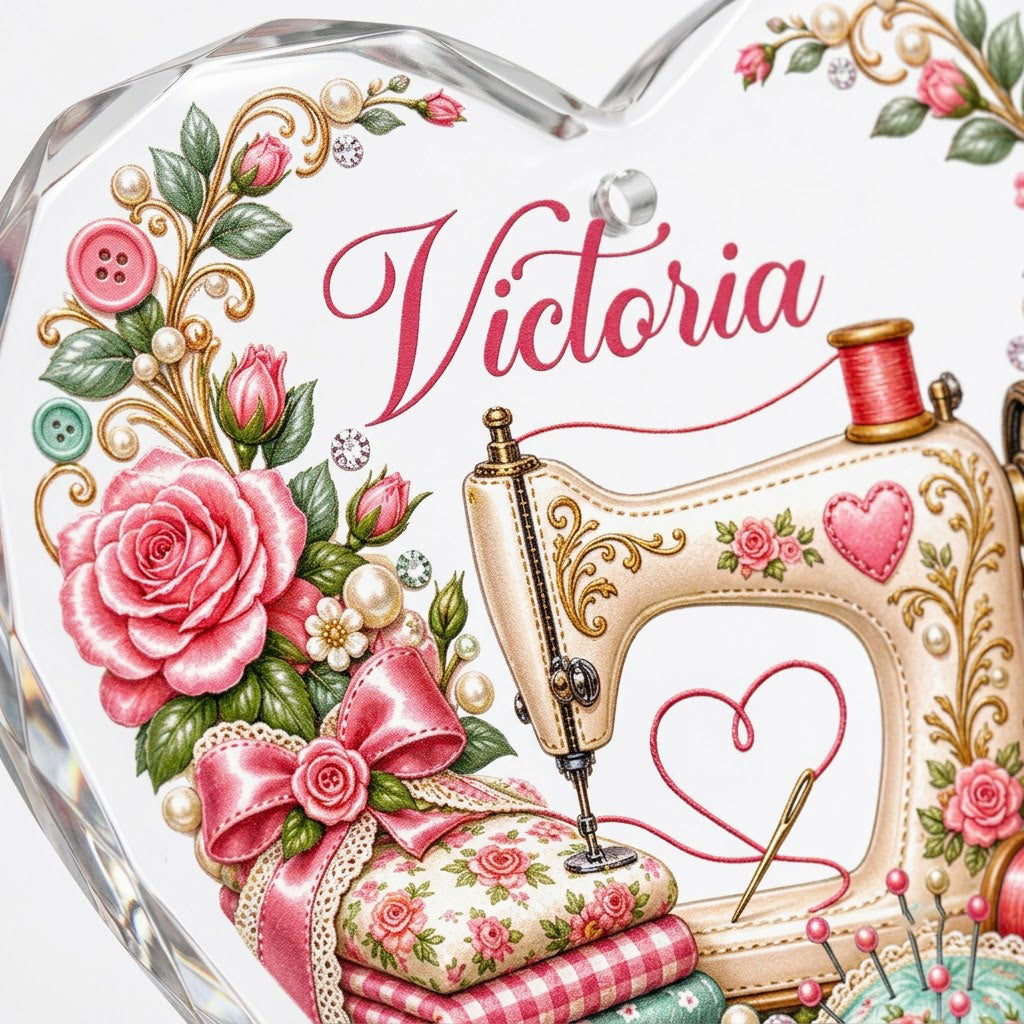 Heart-shaped glass ornament with vintage cream sewing machine, pink roses, buttons, and a personalized name.