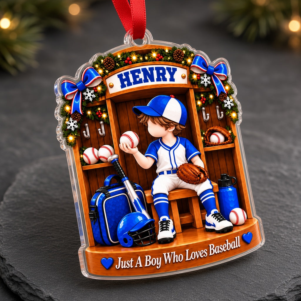 Acrylic ornament of a baseball locker with a boy in uniform and 'Just A Boy Who Lovs Baseball' at the bottom.