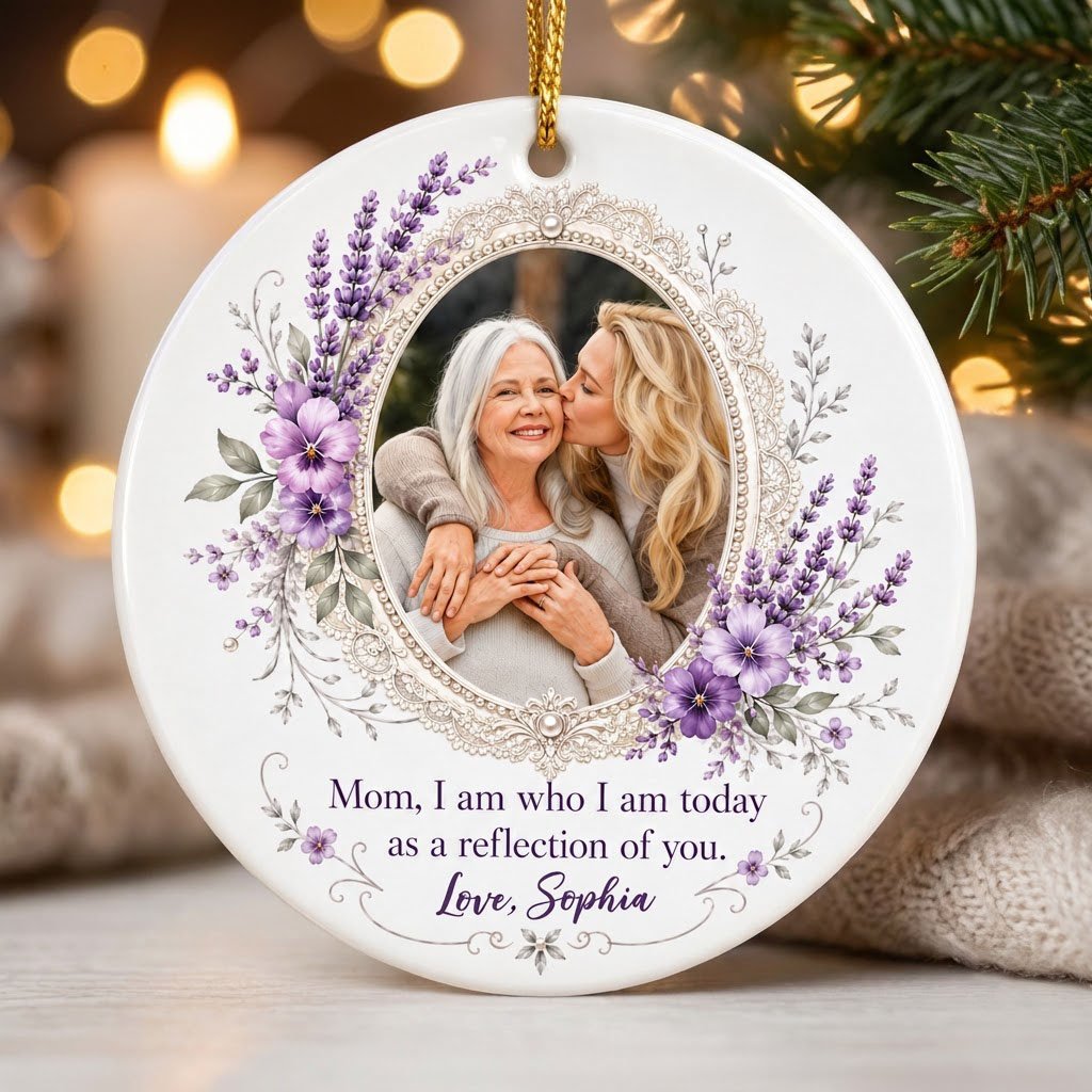 Round ceramic ornament with oval lace frame, pearls, purple pansies and lavender surrounding a photo and mom quote.