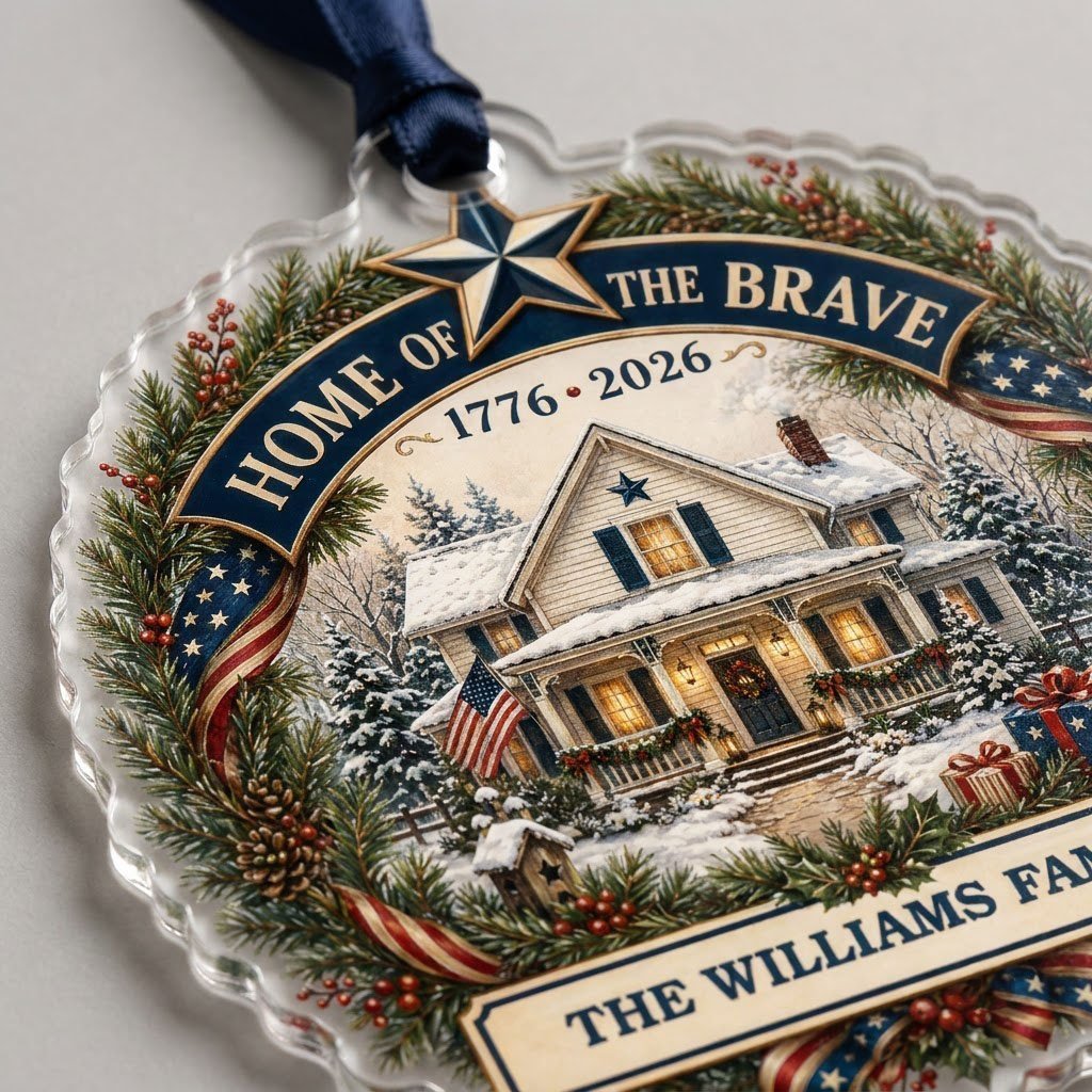 Personalized America 250th Home of the Brave Acrylic Ornament, Custom Patriotic Holiday Keepsake