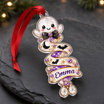 Custom-cut acrylic ornament with a gingerbread man or penguin on spiraling ribbons with a scroll name banner