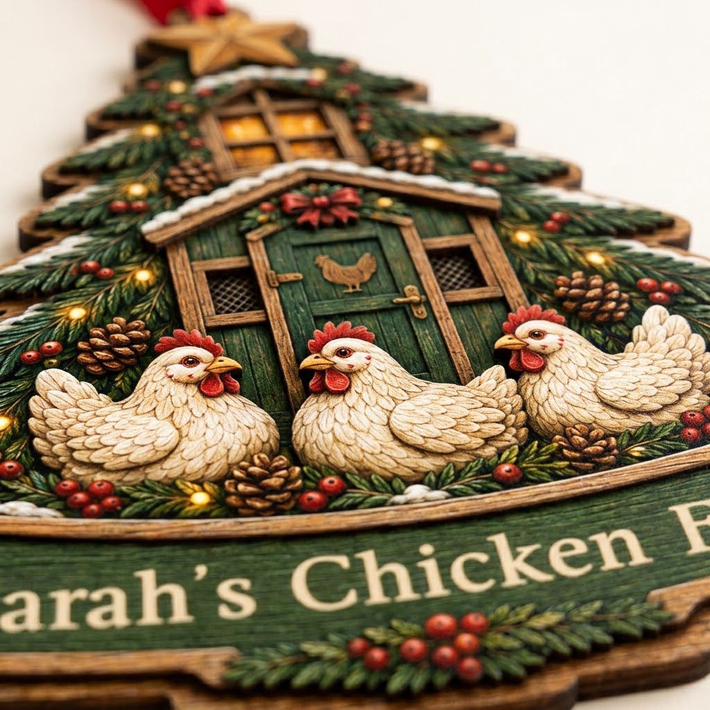 Personalized Christmas Tree Chicken Coop Wood Ornament, Custom Farmhouse Keepsake