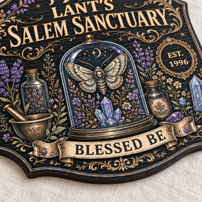 Ornate shield wooden sign with 'Salem Sanctuary,' moon phases, moth, crystals, and personalized name and year.