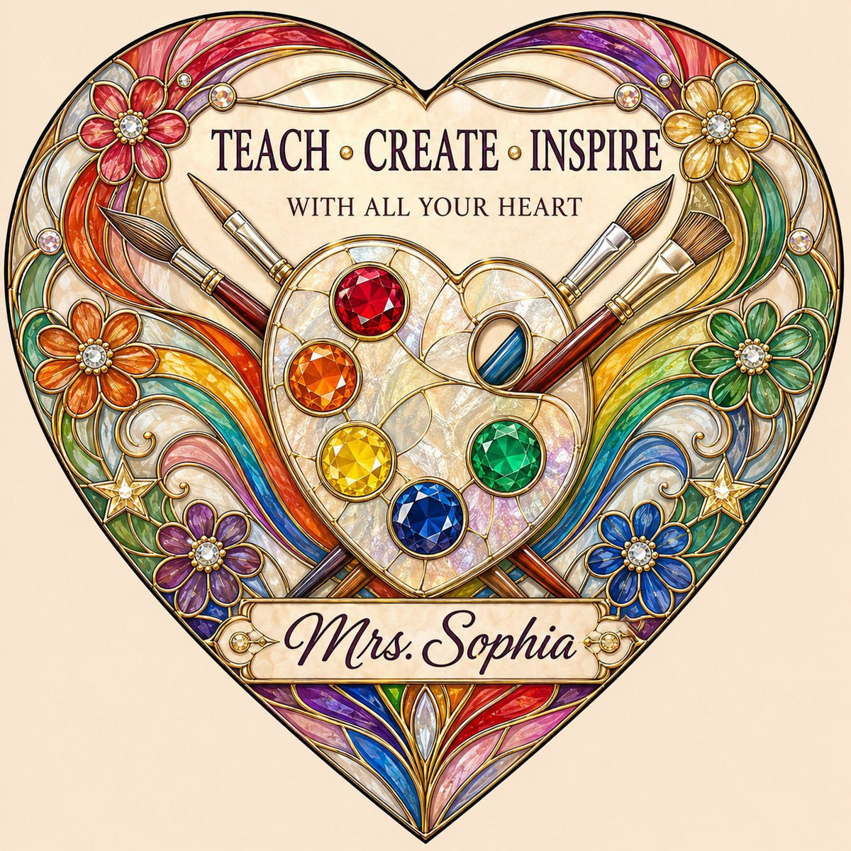 Heart-shaped stained glass suncatcher with palette, brushes, rainbow arcs, flowers and 'Teach • Create • Inspire'.