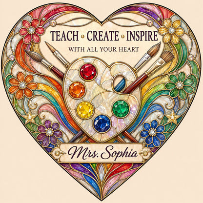 Heart-shaped stained glass suncatcher with palette, brushes, rainbow arcs, flowers and 'Teach • Create • Inspire'.
