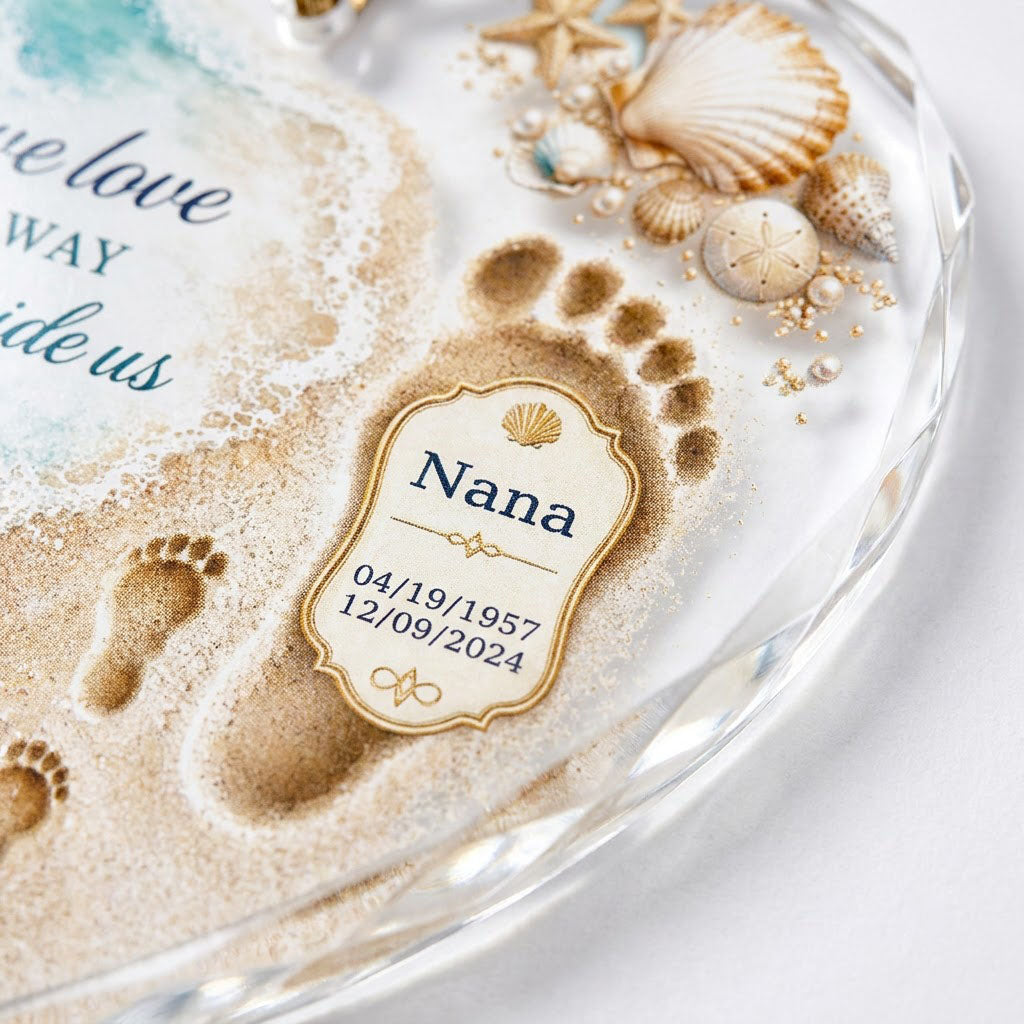 Personalized Beach Footprints Memorial Those We Love Beside Us Heart Glass Ornament