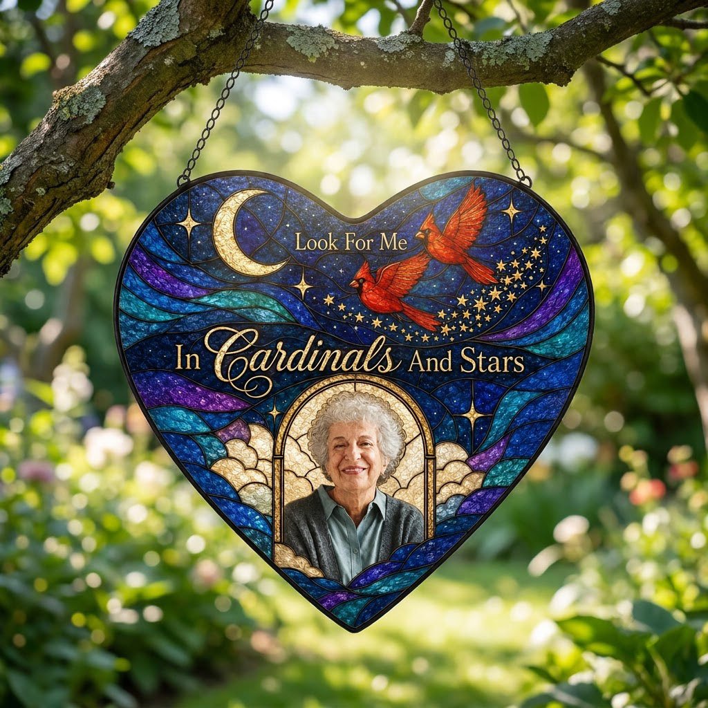 Heart-shaped stained glass suncatcher with night sky, moon, stars, two red cardinals, and a golden photo frame.