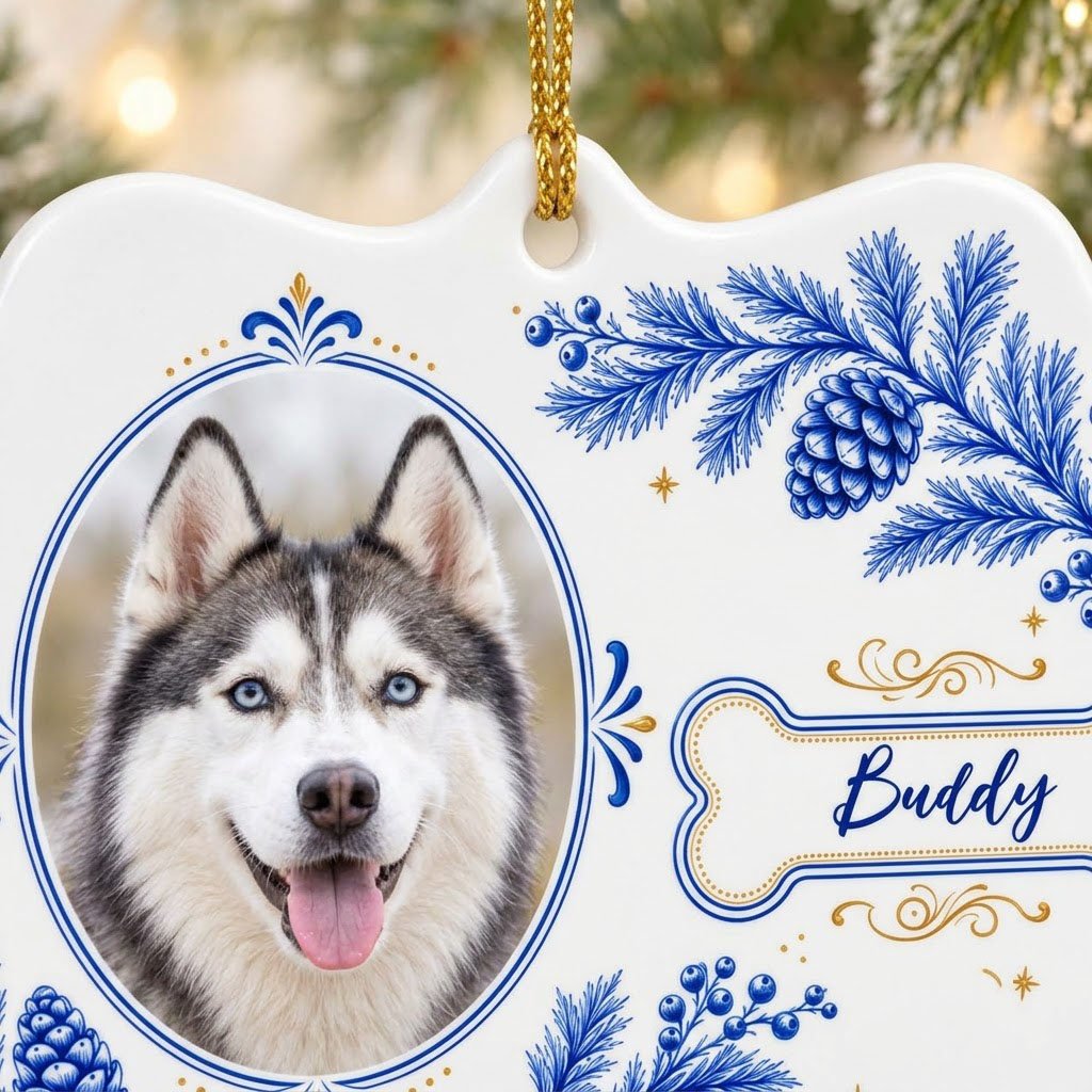 Medallion ceramic ornament with blue and gold filigree, bone name banner, and a custom husky dog photo on white.