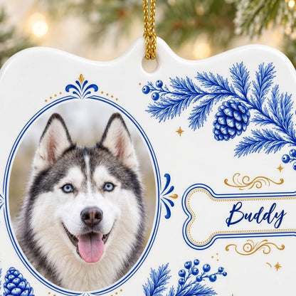 Medallion ceramic ornament with blue and gold filigree, bone name banner, and a custom husky dog photo on white.