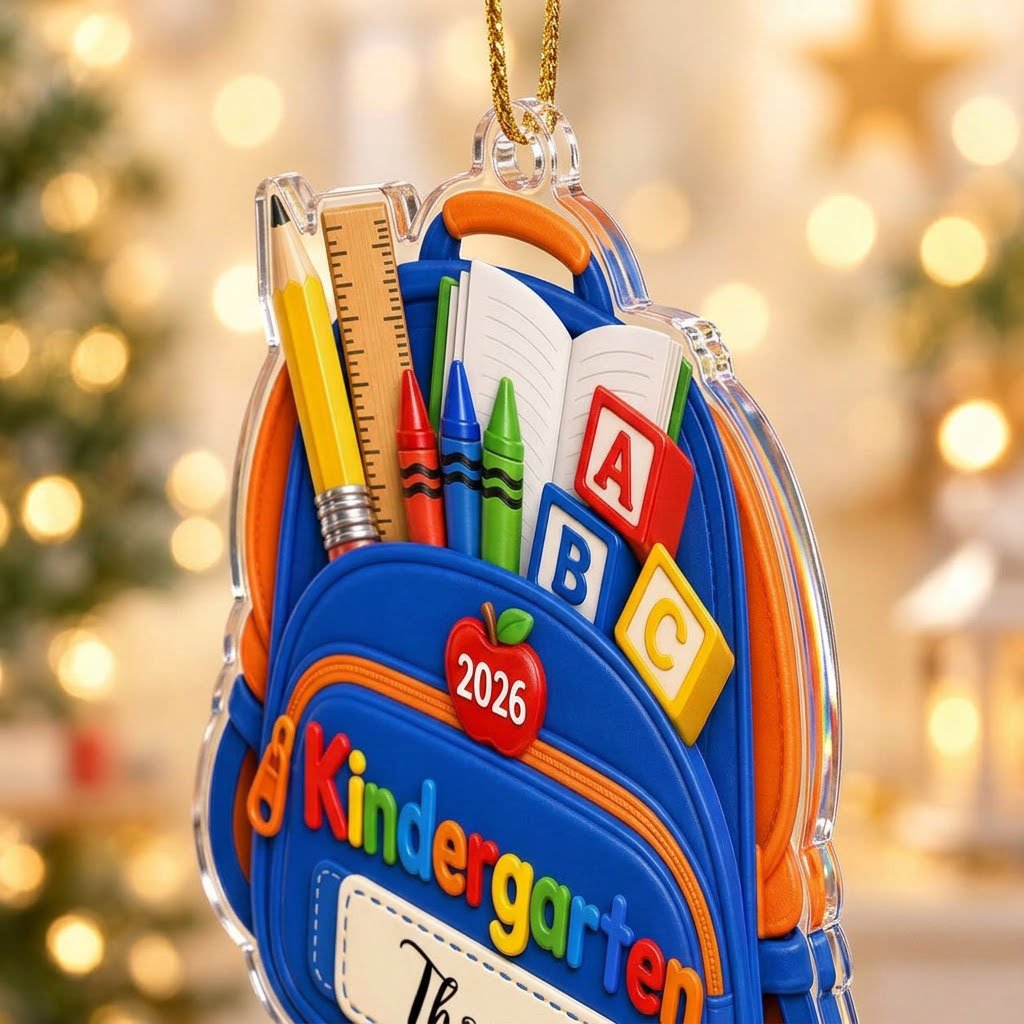 Acrylic ornament cut as a blue and orange school backpack with ABC blocks, 2026, Kindergarten, and a personalized name l