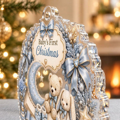 Blue floral wreath acrylic ornament with moon, teddy and bunny, plus Baby's First Christmas with name and year.