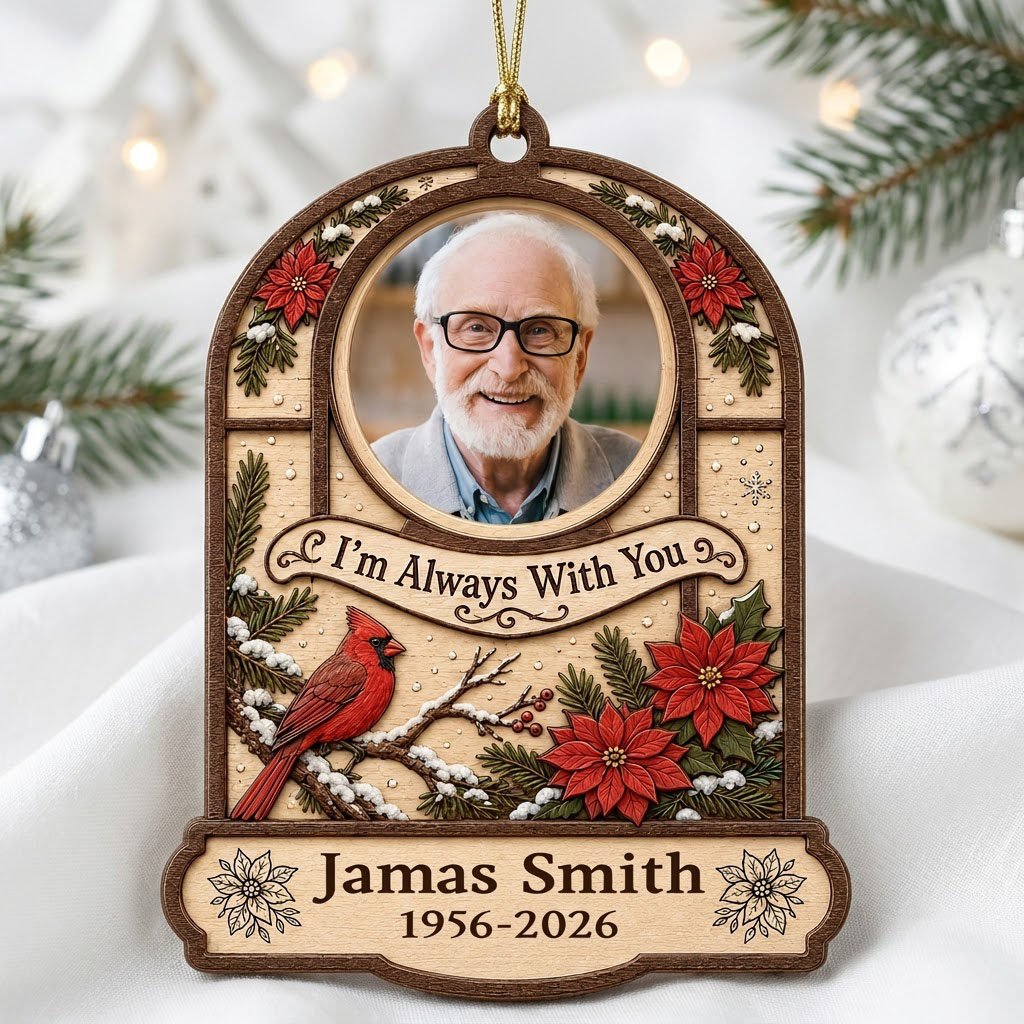 Arch wood ornament with photo cutout, cardinal on snowy pine, poinsettias, and "I'm Always With You" text.