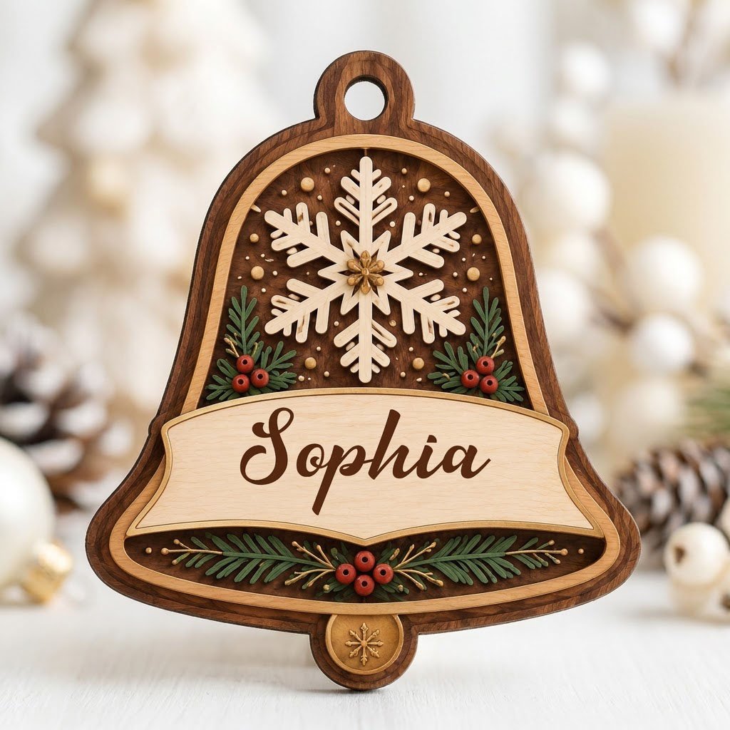 Personalized wooden bell ornament with snowflake, pine sprigs, red berries, and a name on the center banner.