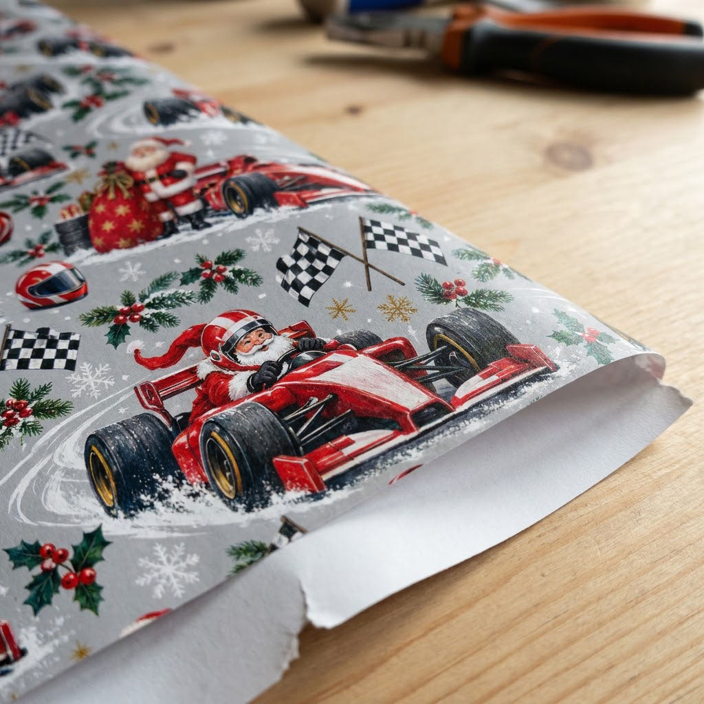 Light grey wrapping paper with Santa in red F1 cars, checkered flags, helmets, holly, and snowflakes.