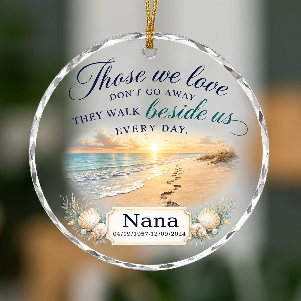 Personalized Beach Footprints Memorial Those We Love Beside Us Round Glass Ornament