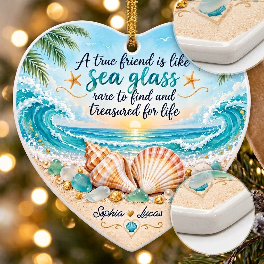 Heart ceramic ornament with beach sunset, palm trees, shells, sea glass, starfish, and a friendship quote.