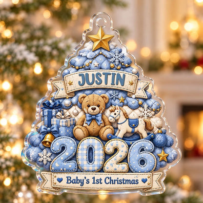 Acrylic tree ornament with teddy bear, rocking horse, Baby's 1st Christmas and quilted year in blue and gold.