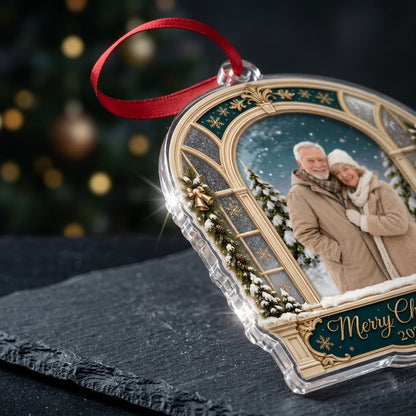 Arched window acrylic ornament with green header, pine garlands, Merry Christmas text, and a center photo window.