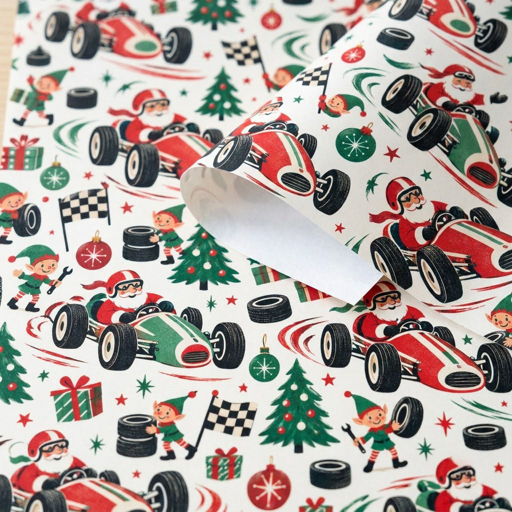 Cream wrapping paper with Santa driving vintage race cars, elves with tools and flags, trees, gifts, tires, and stars.