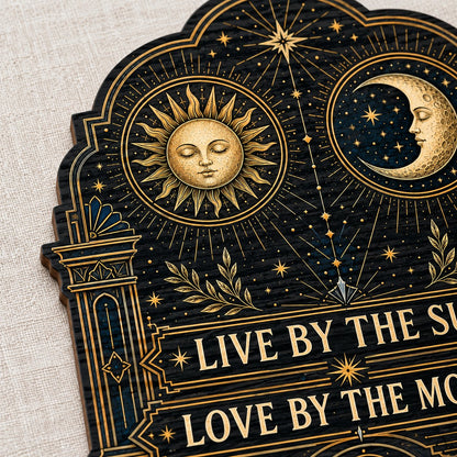Arched wooden sign with sun and moon faces, constellations, and 'Live By The Sun, Love By The Moon'.