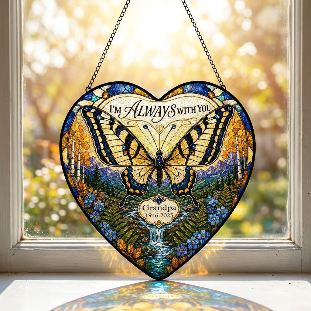 Personalized Butterfly Mountain Waterfall Memorial I'm Always With You Heart Stained Glass Suncatcher