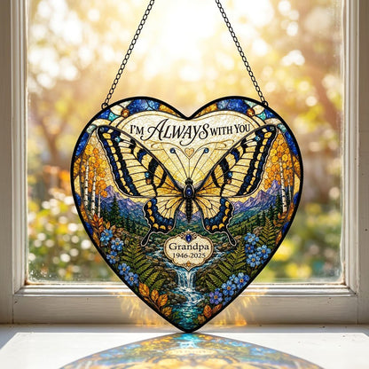 Personalized Butterfly Mountain Waterfall Memorial I'm Always With You Heart Stained Glass Suncatcher