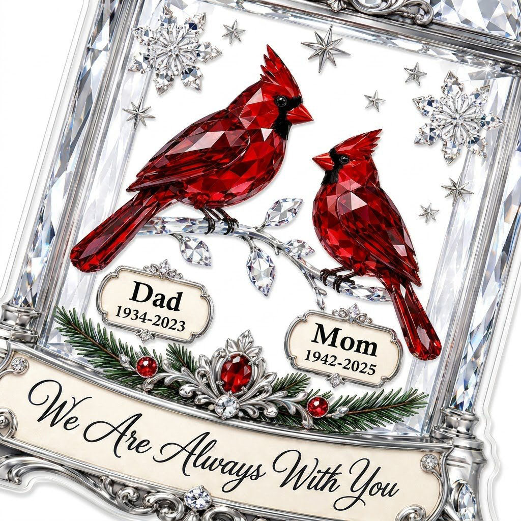 Ornate silver lantern acrylic ornament with two red cardinals and We Are Always With You message, plus spaces for names 