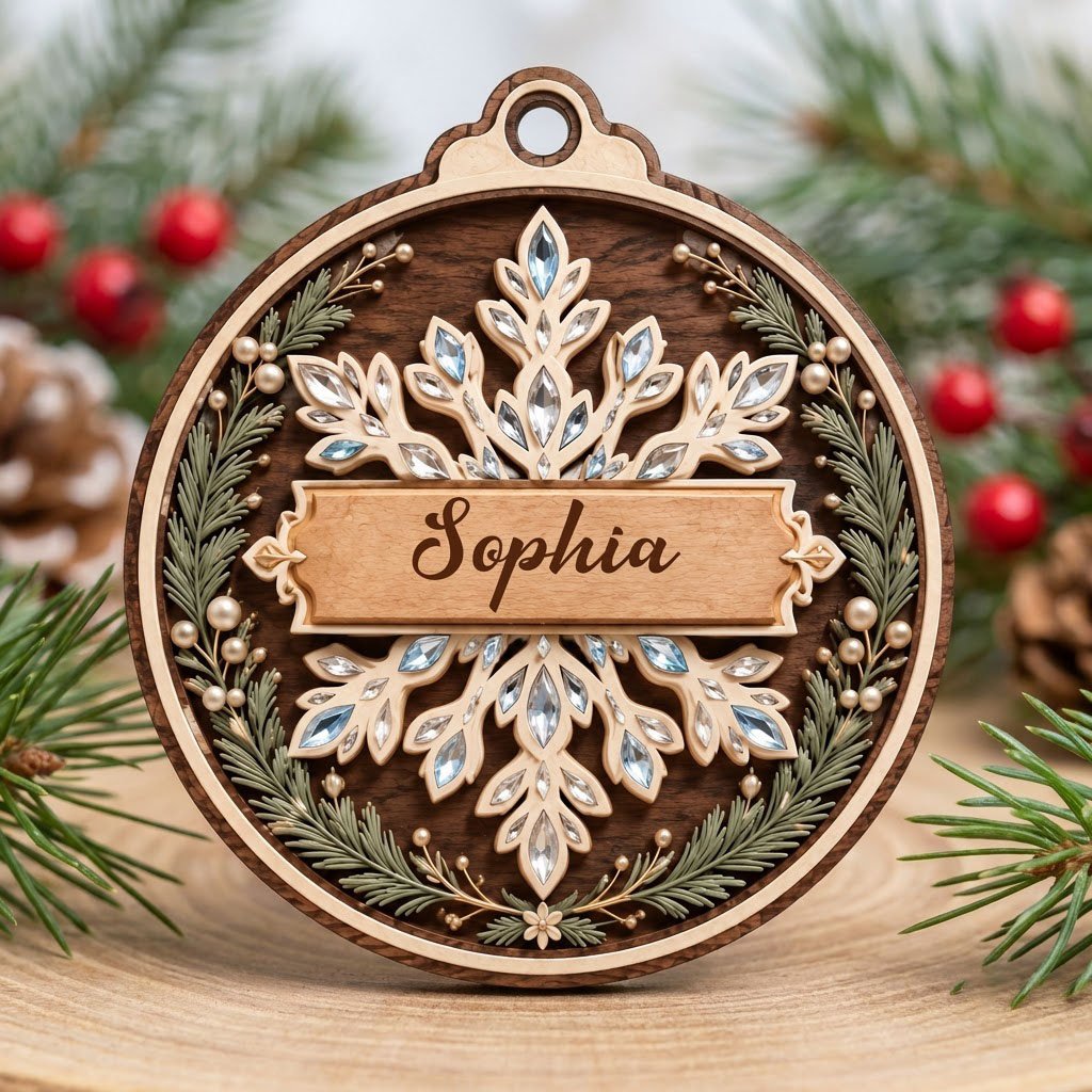 Round wood ornament with a snowflake, gemstone accents, pine sprigs, and a banner personalized with a name.
