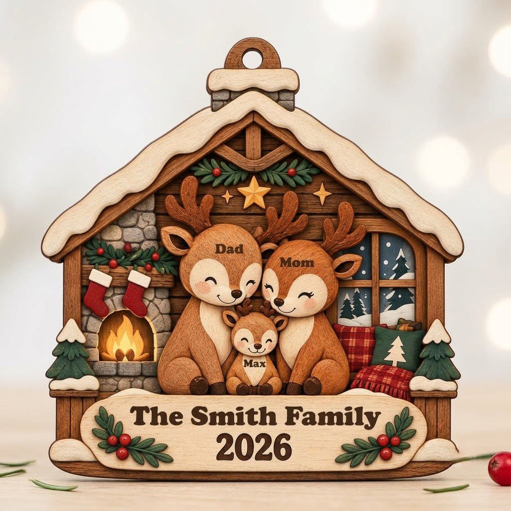House-shaped wood ornament with deer family by a fireplace and snowy window, personalized with names and year.