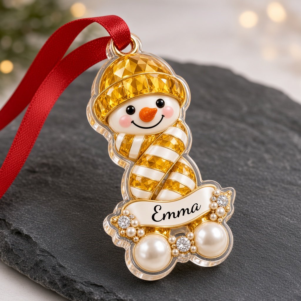 Custom-cut acrylic snowman ornament with jeweled hat and scarf, name banner, and faux pearl base.