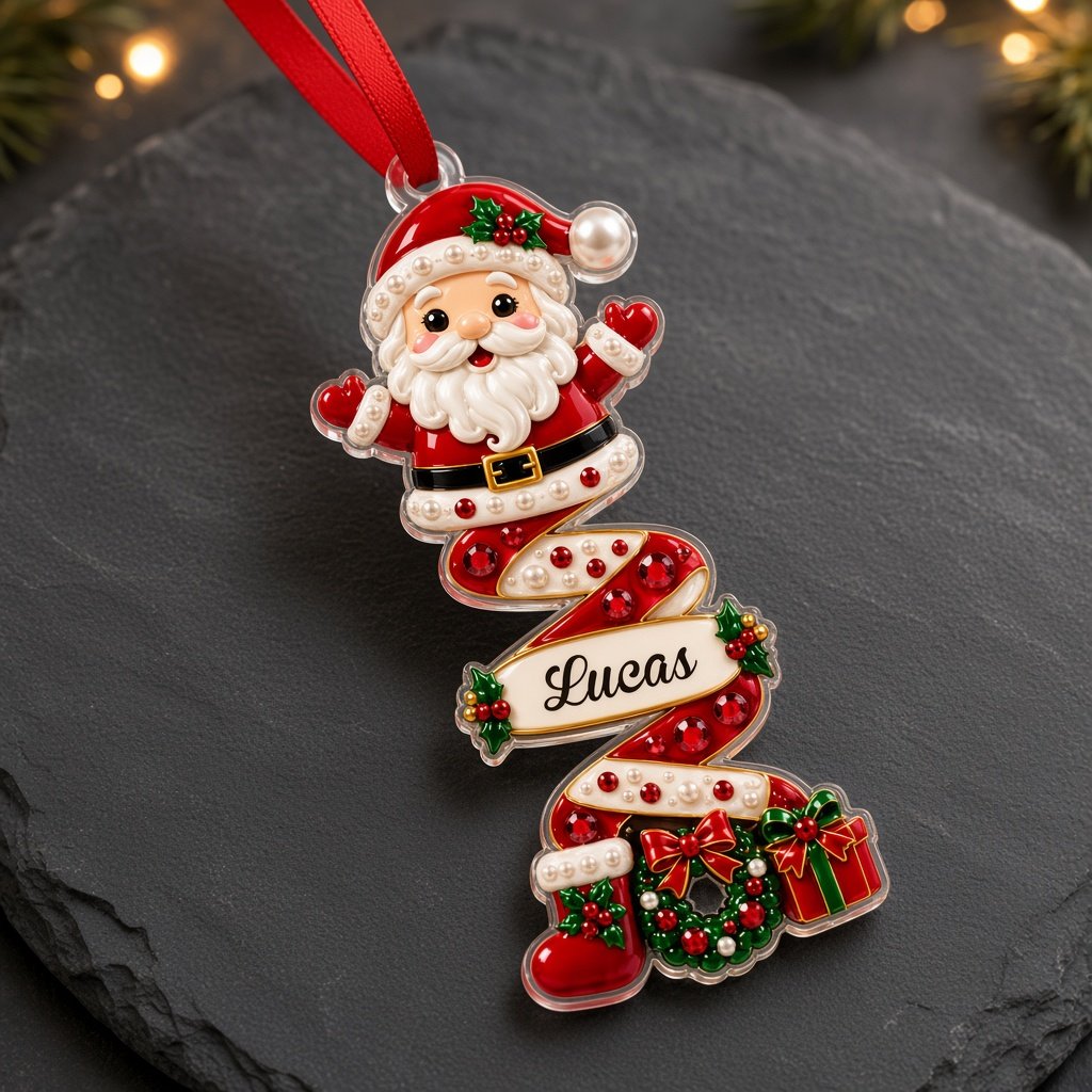 Custom-cut acrylic ornament with a ribbon tree or snowman on a spiral ribbon, personalized with a name on the ribbon.