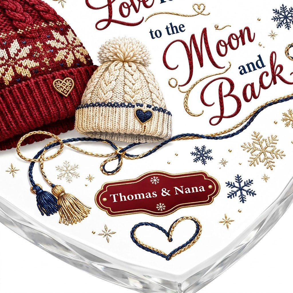 Heart glass ornament with red and cream pom-pom beanies, silver moon, gold star, and Love You Moon and Back text.