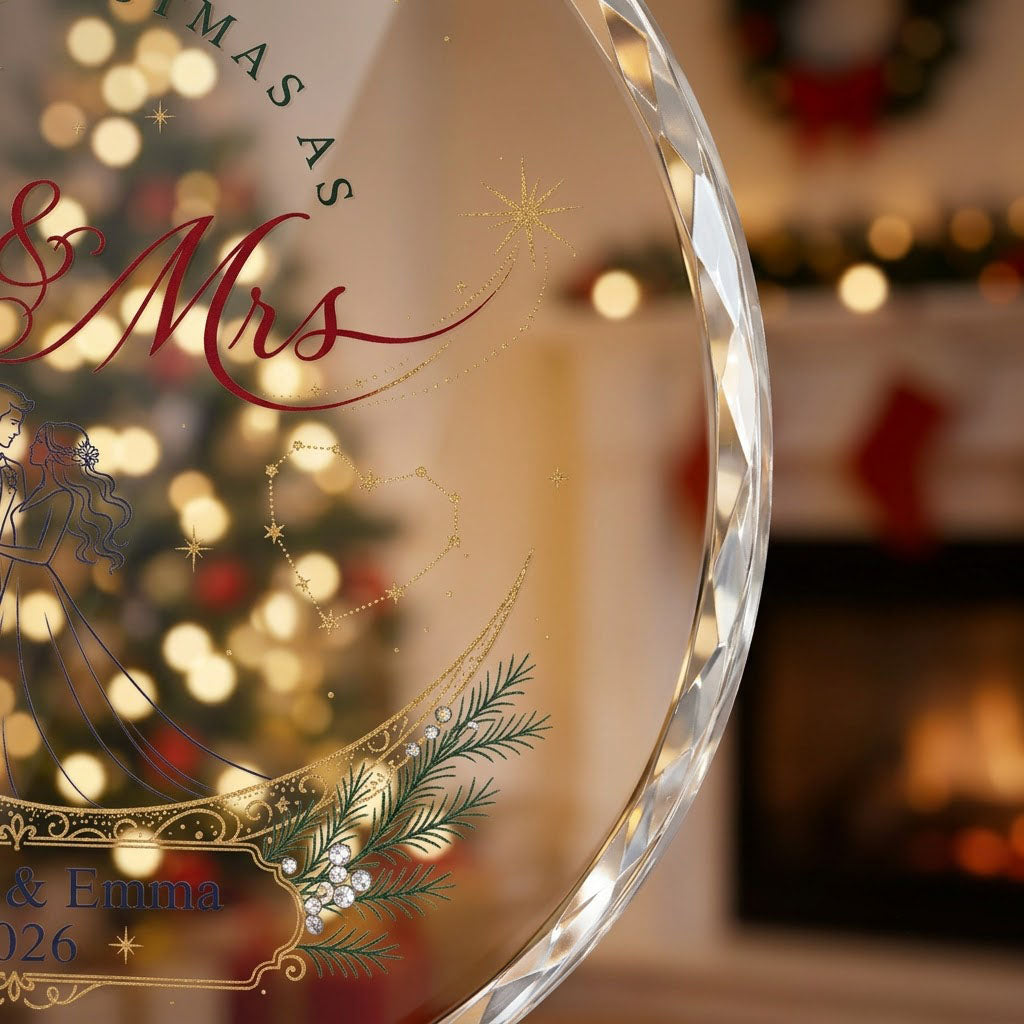Personalized First Christmas as Mr & Mrs Crescent Moon Round Glass Ornament