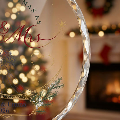 Personalized First Christmas as Mr & Mrs Crescent Moon Round Glass Ornament