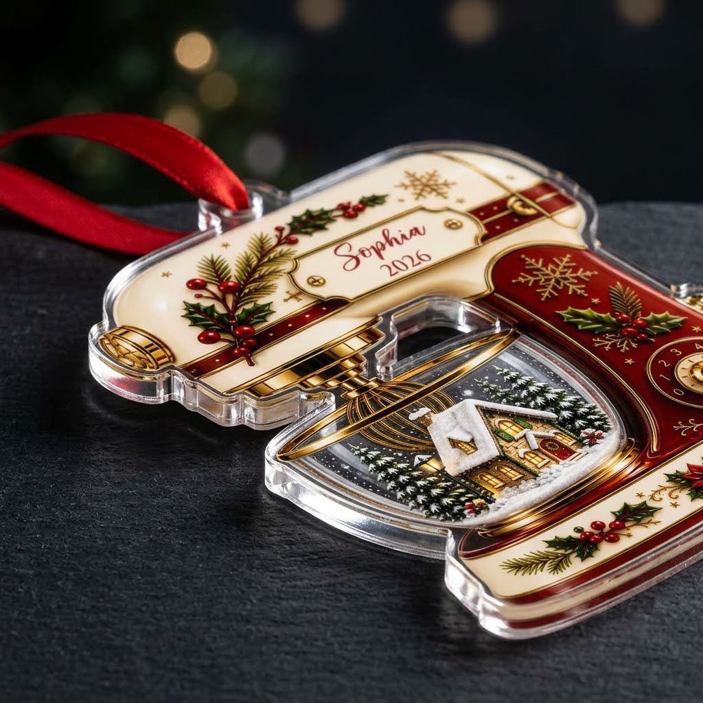 Stand mixer-shaped acrylic ornament with holly, gold snowflakes, and a snowy cottage scene in a glass bowl.