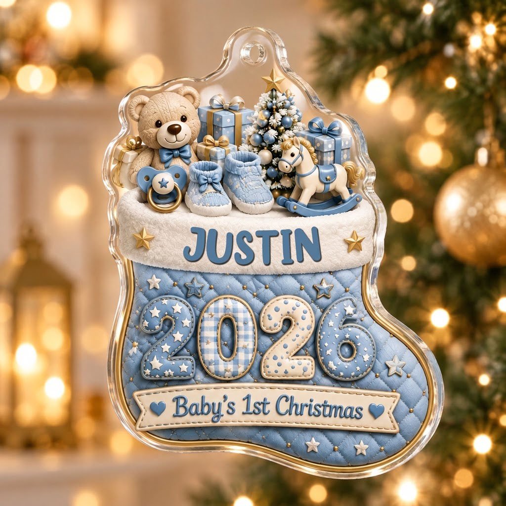 Blue quilted stocking ornament with teddy bear, baby toys, Baby's 1st Christmas text, and name and year.