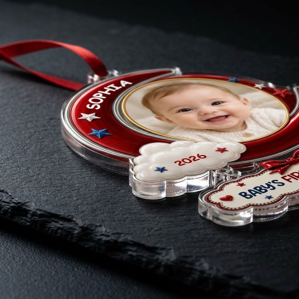 Red crescent moon acrylic ornament with baby photo, cloud, stars, and a plaque reading Baby's First Christmas.