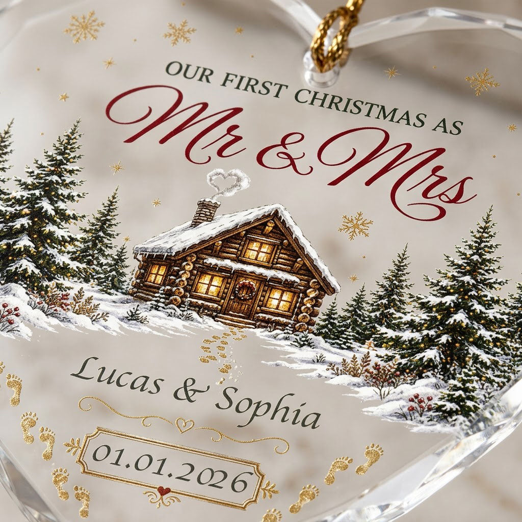 Personalized Our First Christmas as Mr & Mrs Winter Cabin Footprints Heart Glass Ornament