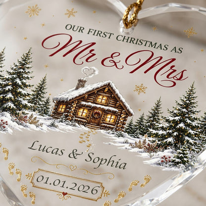 Personalized Our First Christmas as Mr & Mrs Winter Cabin Footprints Heart Glass Ornament