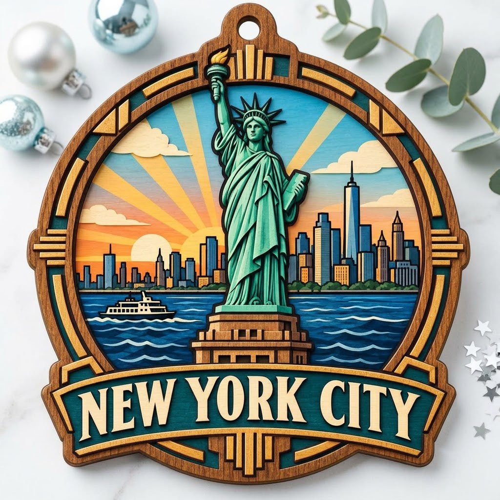 Wood ornament with Statue of Liberty, NYC skyline, ferry and sunrays in an Art Deco frame reading NEW YORK CITY.