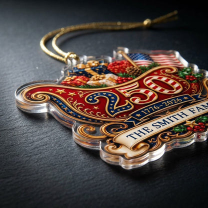 Acrylic ornament shaped like a Santa sleigh with '250', '1776-2026', US flag and a family name banner.