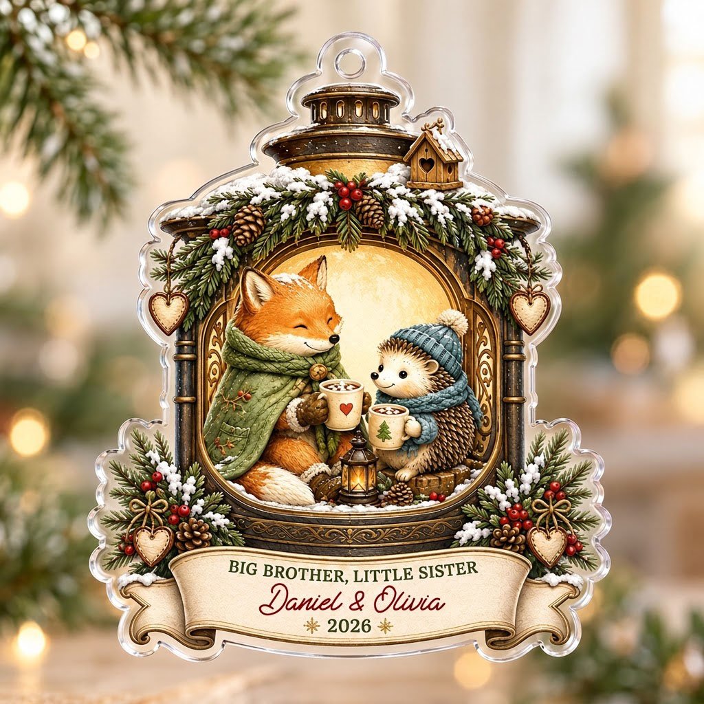 Acrylic ornament with lantern frame, fox and hedgehog with cocoa, 'BIG BROTHER, LITTLE SISTER', and names with year.