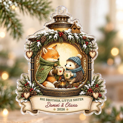 Acrylic ornament with lantern frame, fox and hedgehog with cocoa, 'BIG BROTHER, LITTLE SISTER', and names with year.