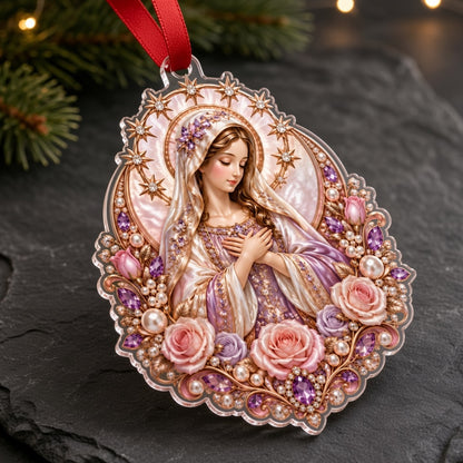 Acrylic ornament of the Virgin Mary with starry halo, pink and purple roses, pearls, gems and gold filigree.