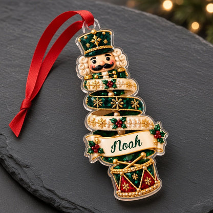Custom-cut acrylic ornament with robin or fox ribbon tree and a cream name banner.
