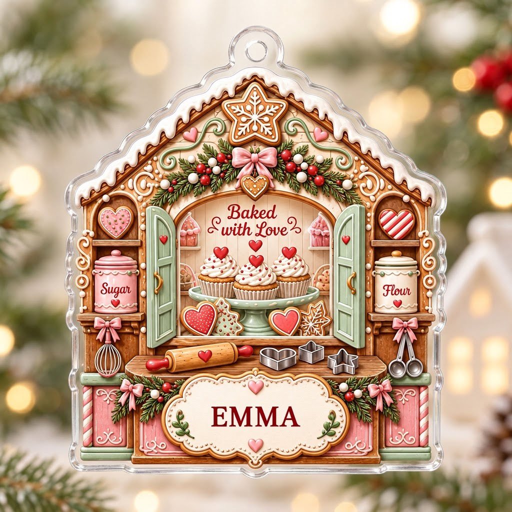Custom-cut acrylic ornament shaped like a gingerbread house with baking tools, cupcakes, and a name banner.