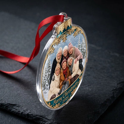 Clear acrylic bauble ornament with photo of six women in snowy pines, gold filigree, teal banner and Merry Christmas tex